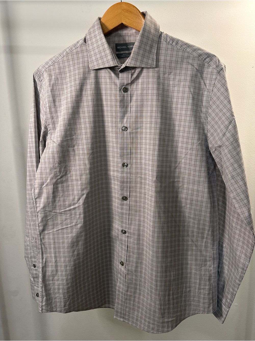 Michael Kors Men’s Gray Checked Dress Shirt Slim Fit Large